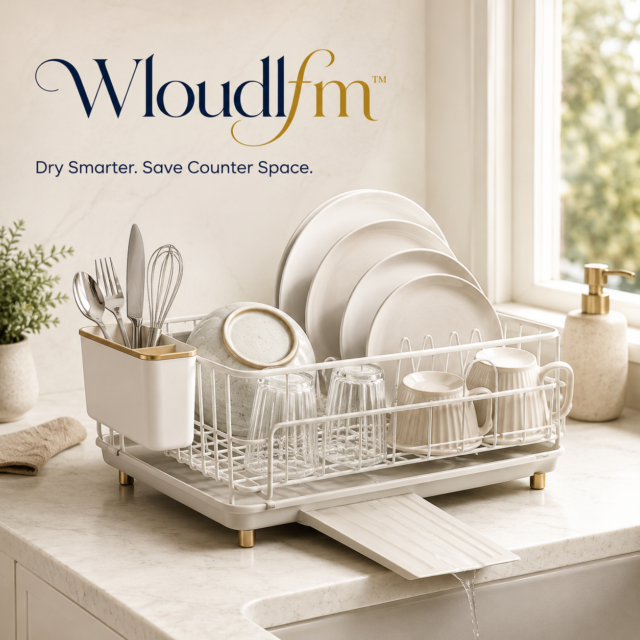 Wloudlfm™ Self-Draining Dish Drying Rack with Utensil Holder