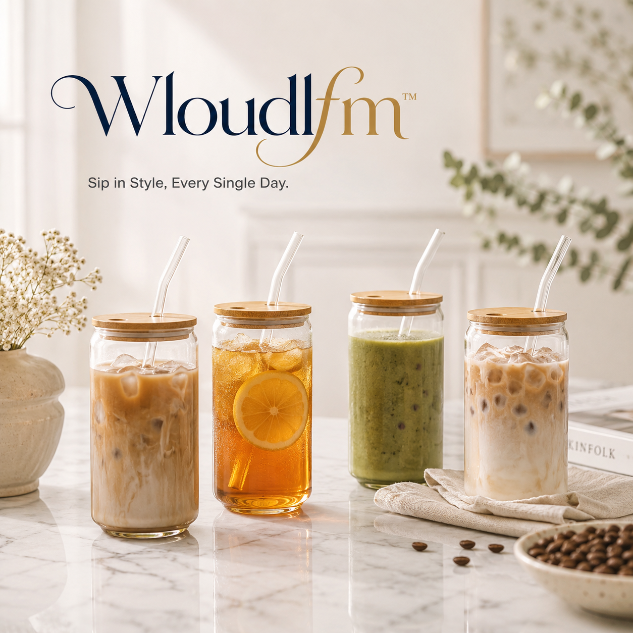 Wloudlfm™ Glass Tumbler Cups with Bamboo Lids & Straws